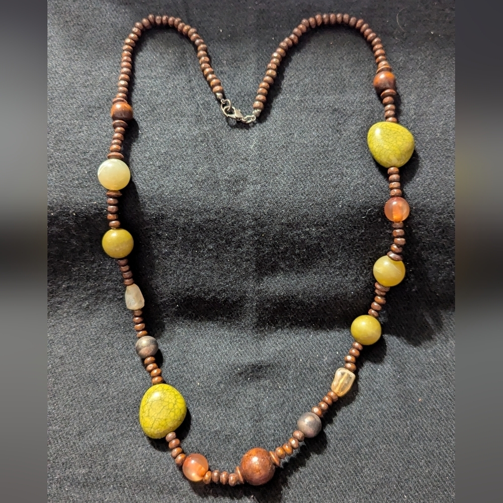 Brown Green Cream Earth Tones Wooden Beaded Statement Necklace